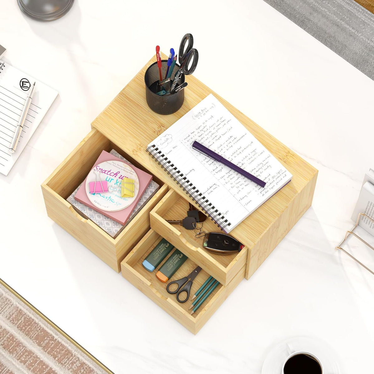 Desk Organizer With Drawers - Bamboo Wood Desktop Mail Organizer Storage Box for Office Home Bathroom Vanity Dresser Top, No Assembly Required (3 Drawer with Big Drawer)