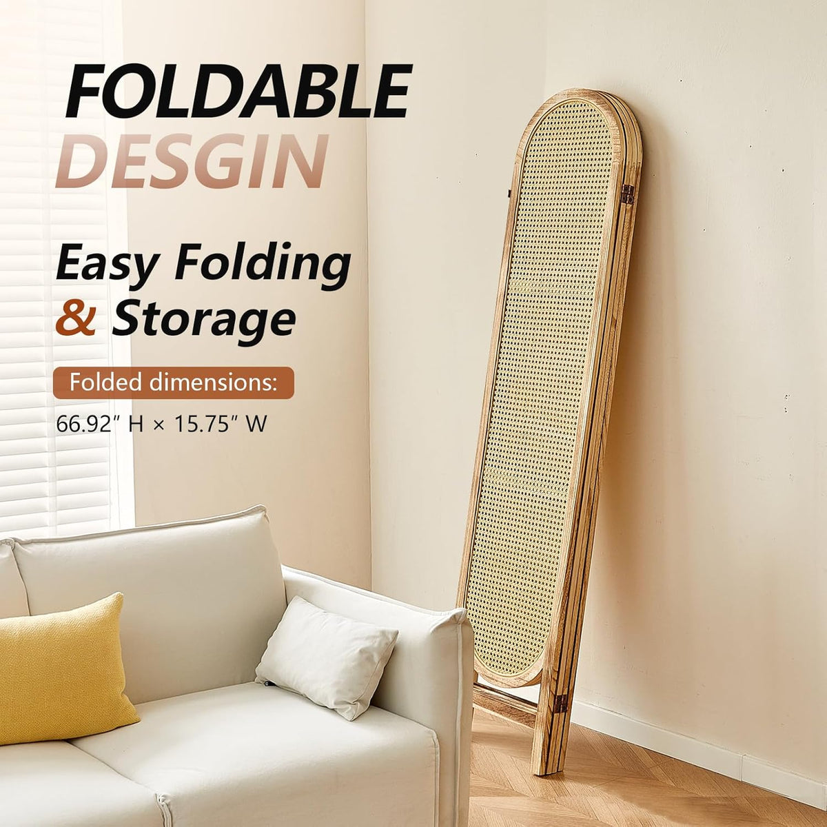 4 Panel Room Divider 5.6 Ft Hand-Woven Rattan Room Divider Screen, Foldable Wood Folding Privacy Screens with Double Hinges, Wall Divider for Room Separation Bedroom Home Office - Natural