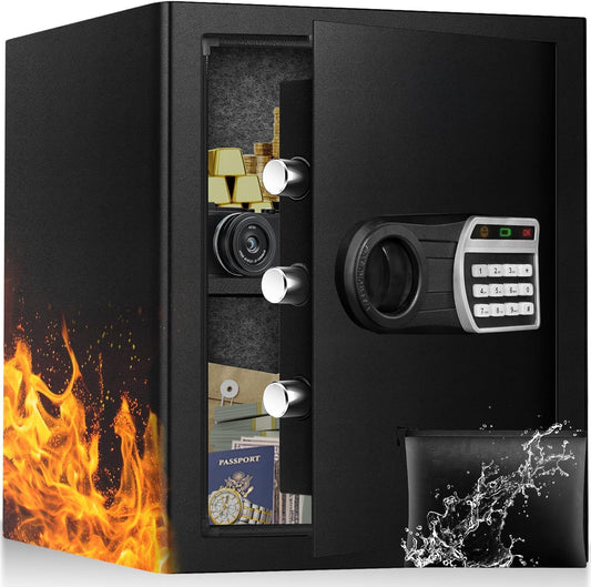 2.5 Cuft Safe Box, Home Safes with Fireproof Waterproof Bag, Anti-Theft Safety Box with Digital Keypad, Smart Alert System, Spare Keys, Removable Shelf, LED Light, Personal Document Safe