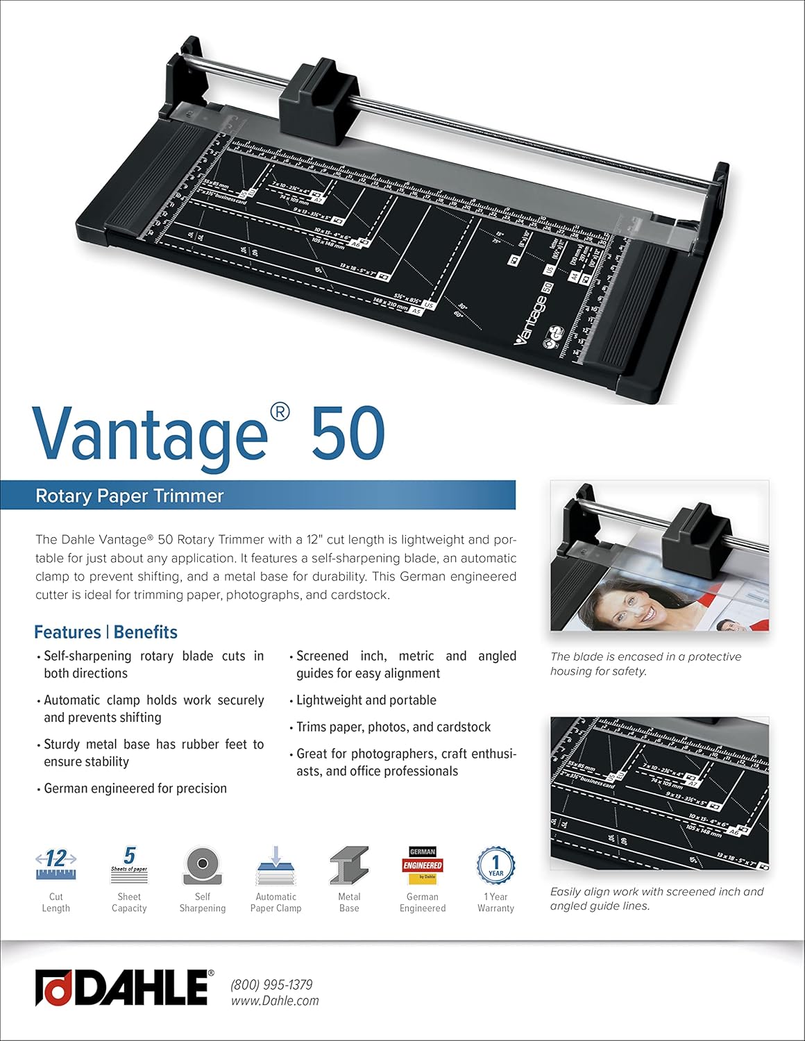 Dahle Vantage 50 Rotary Trimmer, 12" Cut Length, 5 Sheet Capacity, Self-Sharpening, Automatic Clamp, German Engineered Paper Cutter