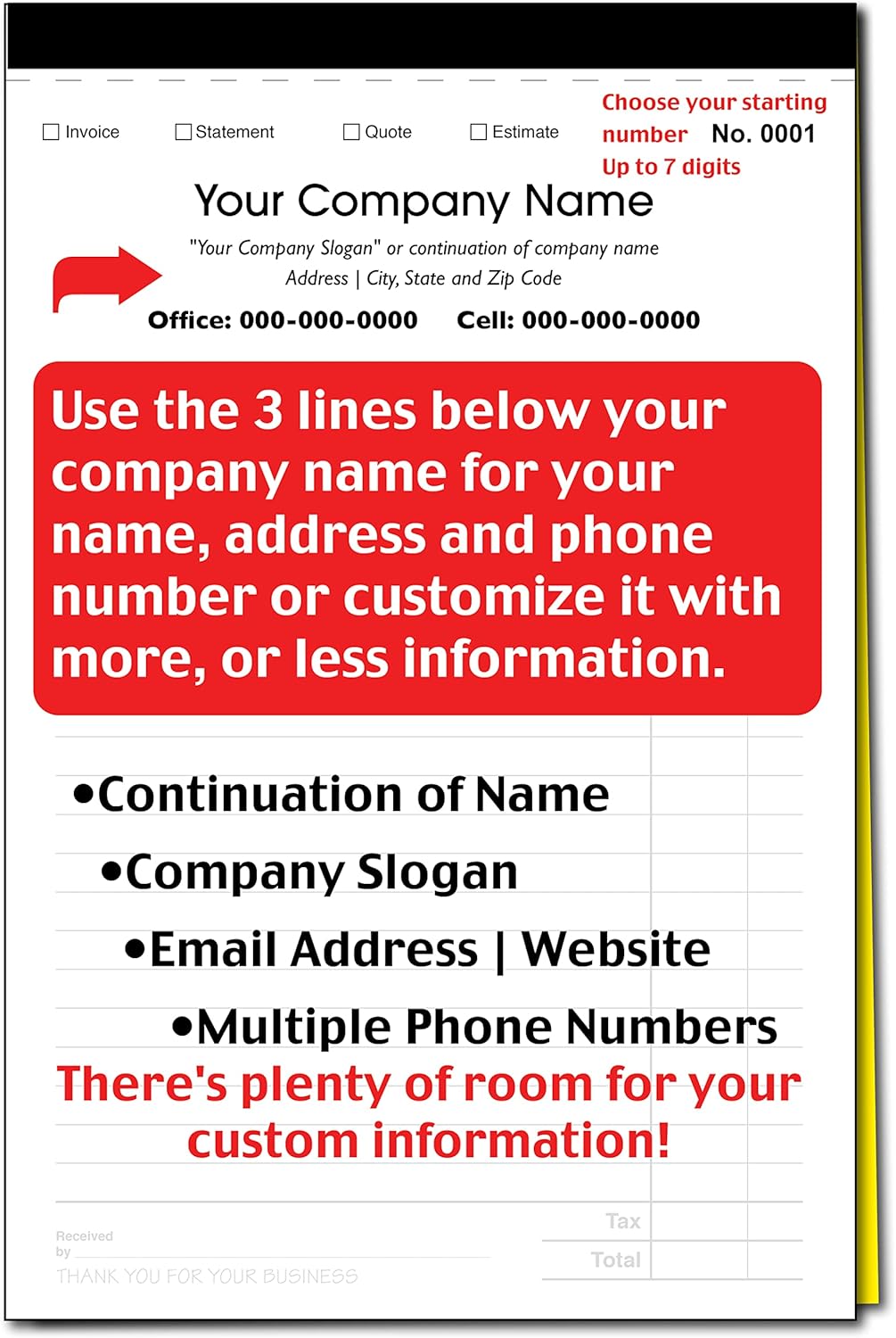 CH Printco Custom Sales, Invoice, Statement, Estimate, Quote, Personalized Multipurpose Duplicate Carbonless Form with Your Company Name - 2 Books (100 Sets) 5-1/2" Wide x 8-1/2" Tall.