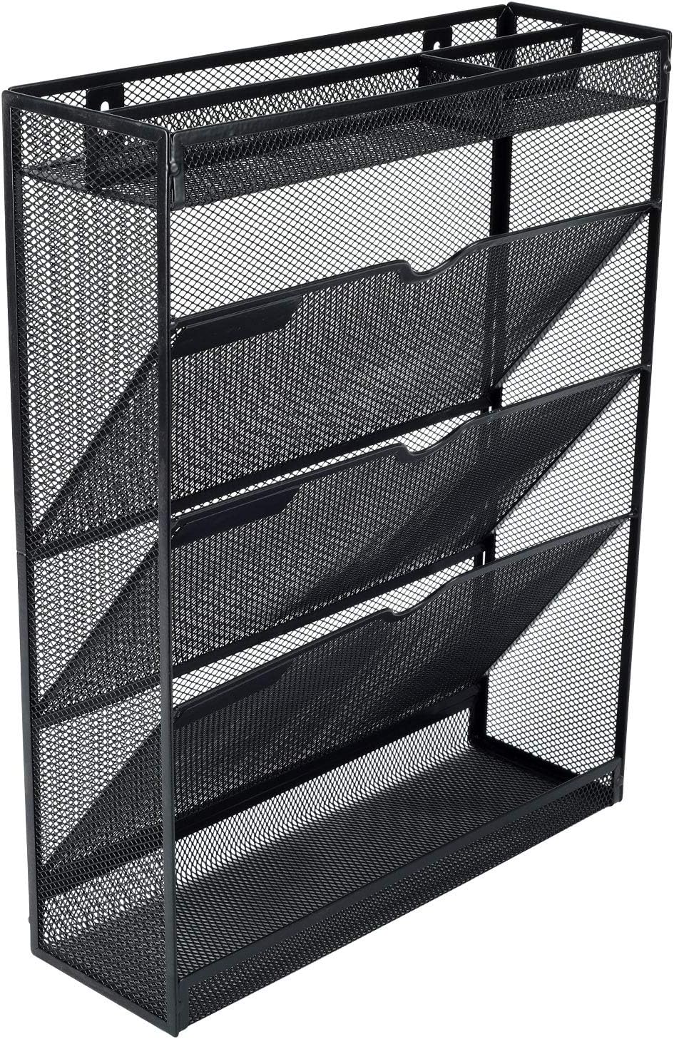EasyPAG Desk File Organizer Mesh 5-Tier Hanging Wall Mount File Holder Desktop Vertical Mail Paper Folder Holder Stand Rack with Bottom Tray and Accessories Organizer for Office Home,Black