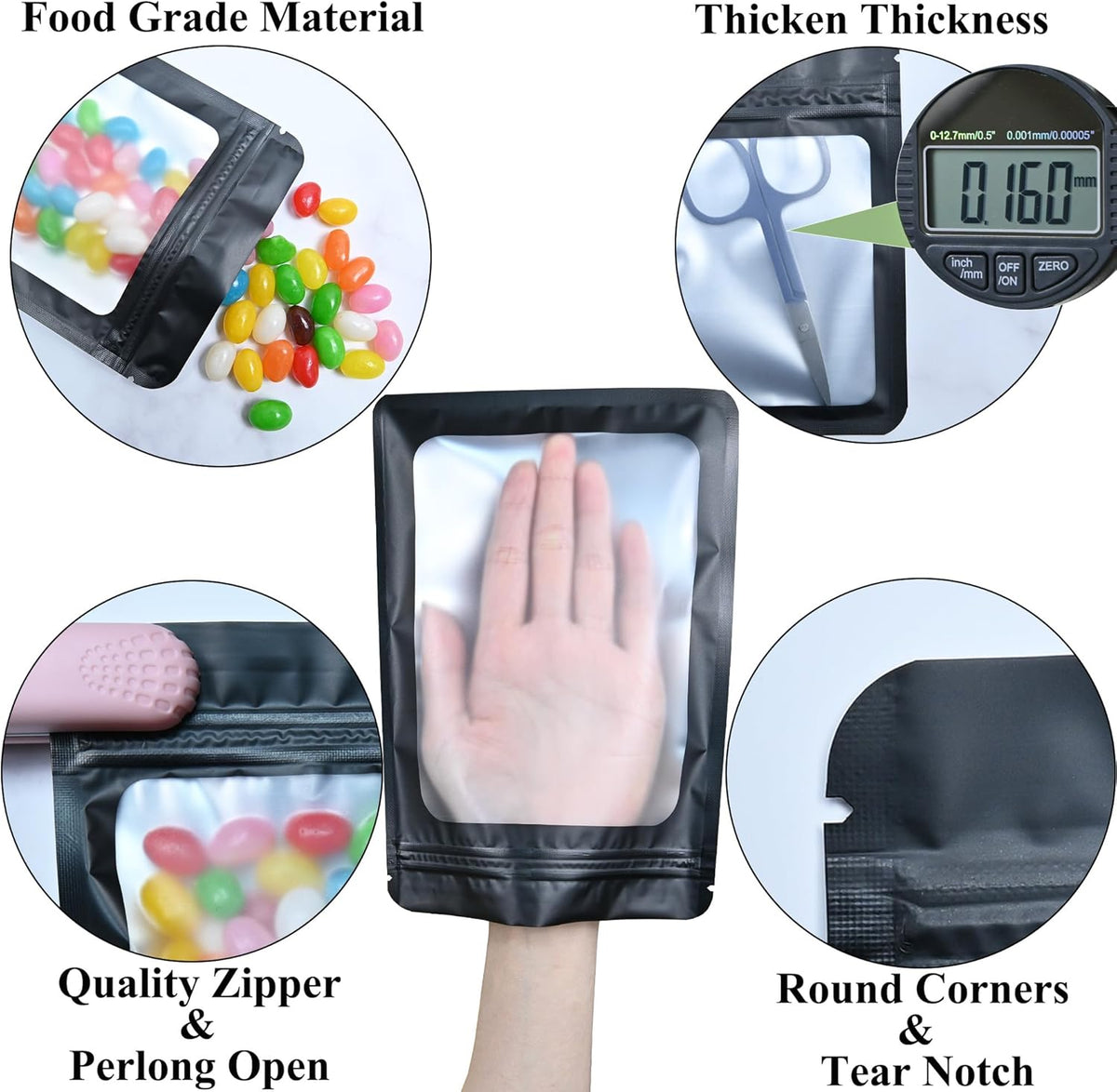 Resealable Mylar Pouch Pen Bags Great for Office Home Party Favor Food Storage Cookies Sample Jewelry Snack (100PCS, Black Color, 4.7 x 8 inch)
