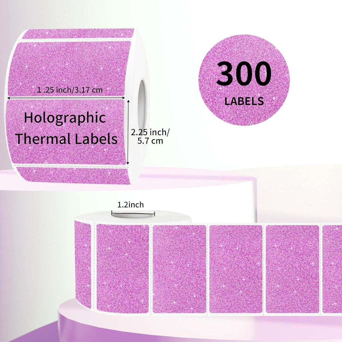 2.25"x1.25" Holographic Thermal Labels Stickers, Glitter Direct Thermal Printer Labels, Waterproof Self-Adhesive Address Shipping Label Stickers, 300 Sheet/ 1 Roll, Holographic Shiny Pink