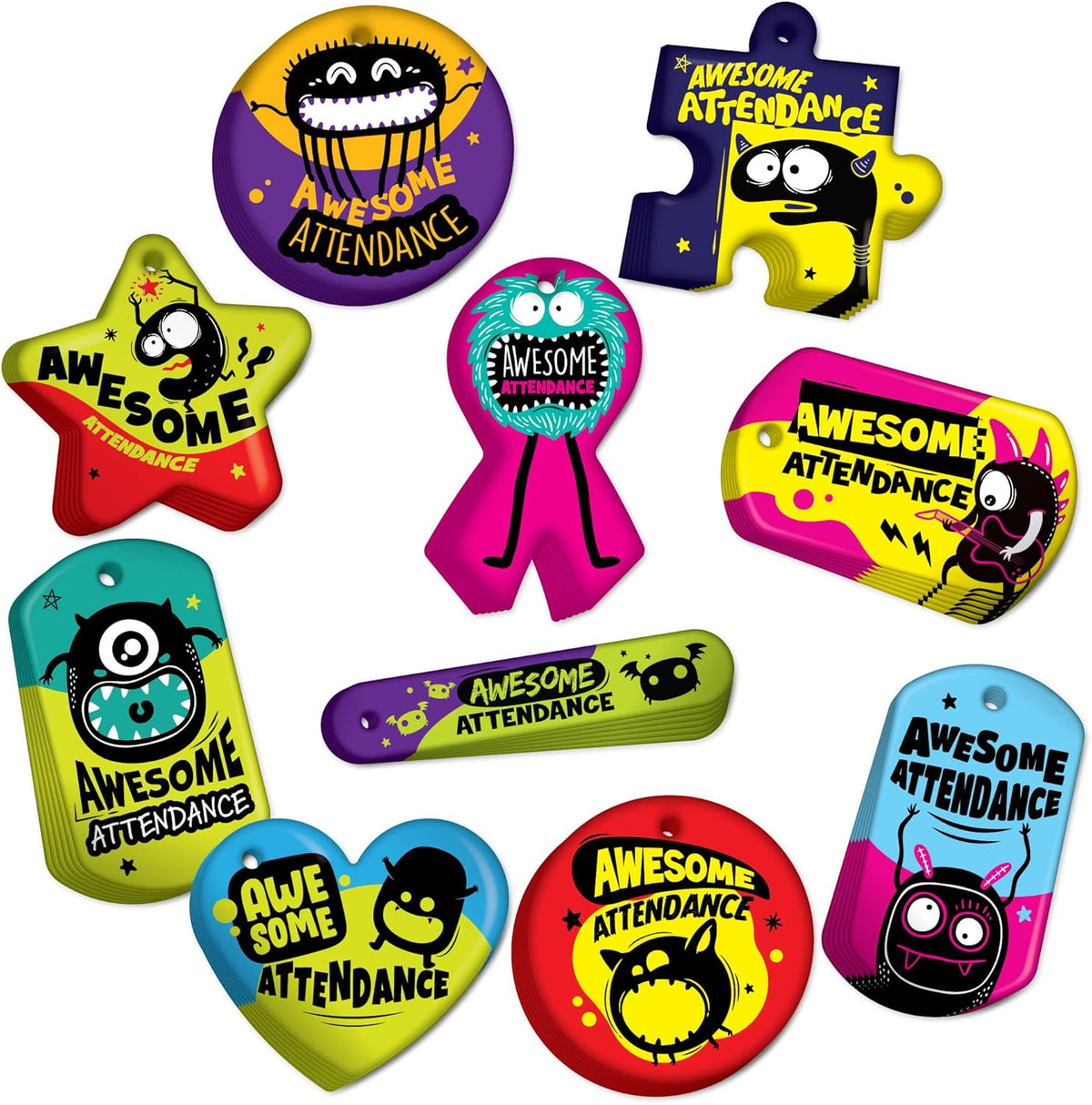 Brag Tags Fun Critters & Monsters Increase Student Attendance Incentives Value Pack: 100 Multicolor, Waterproof Teslin Tags (10 Per Design) + 25 Hypoallergenic, USA-Made, 24" Aluminum Safety Chains