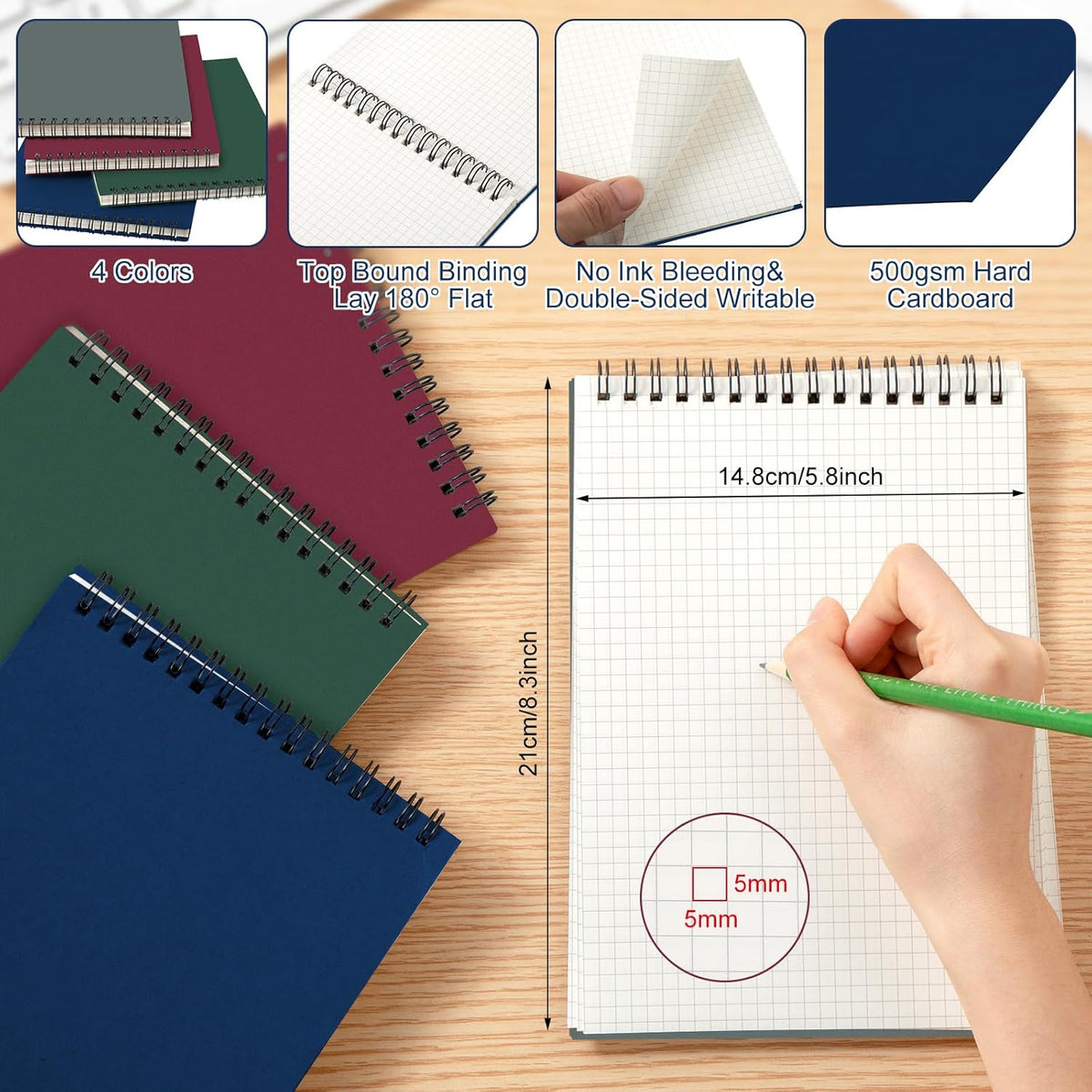 4 Pack Graph Paper Spiral Notepad A5 Top Wirebound Notepad Grid Notebook Steno Pads Memo Notebook Grid Paper 140 Pages for Writing Sketching Drawing Office Supplies (Multicolor)
