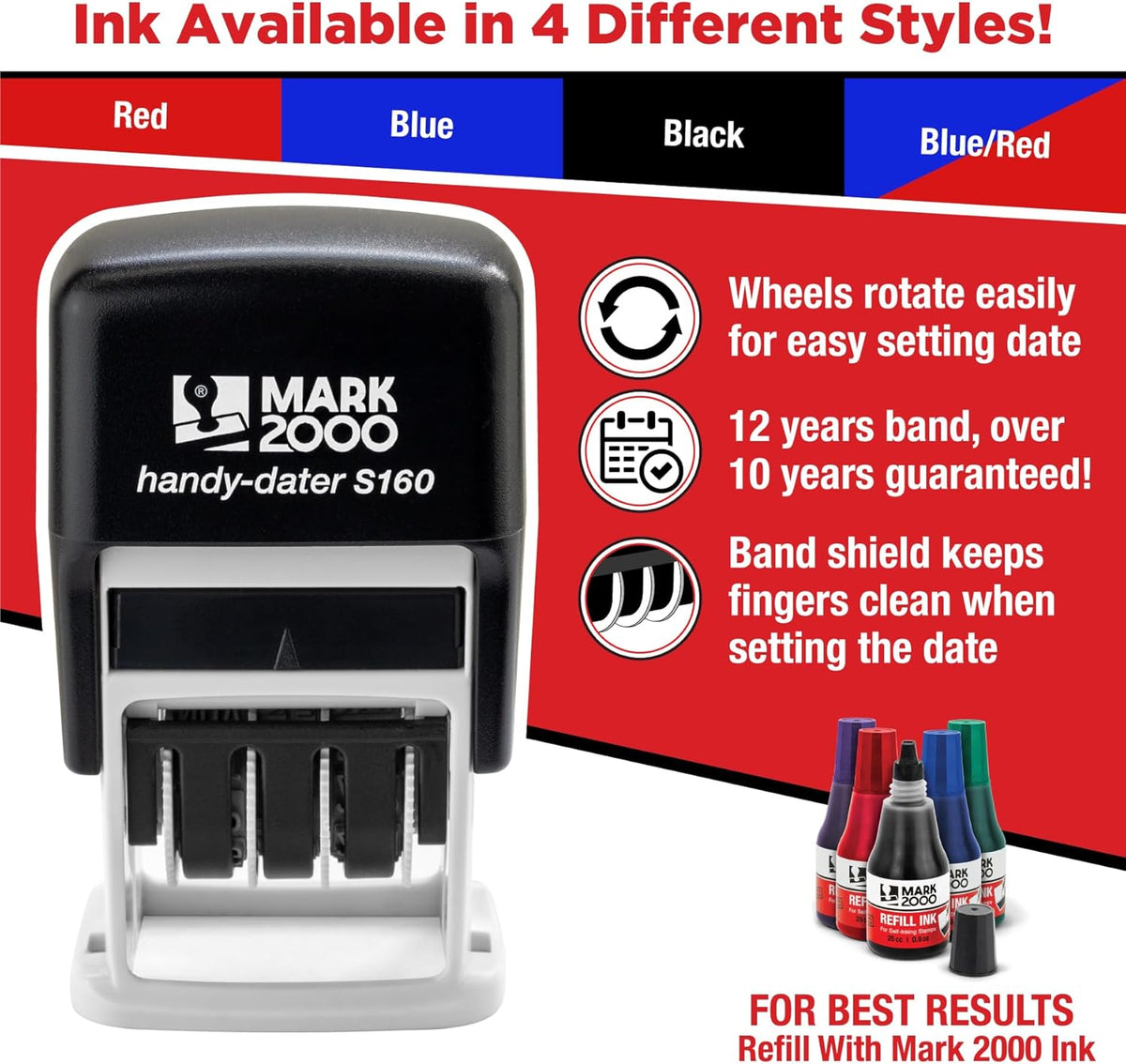 Mark 2000 Self-Inking Rubber Date Office Stamp with Received Phrase & Date - Red Ink (Handy-Dater S160), 12-Year Band