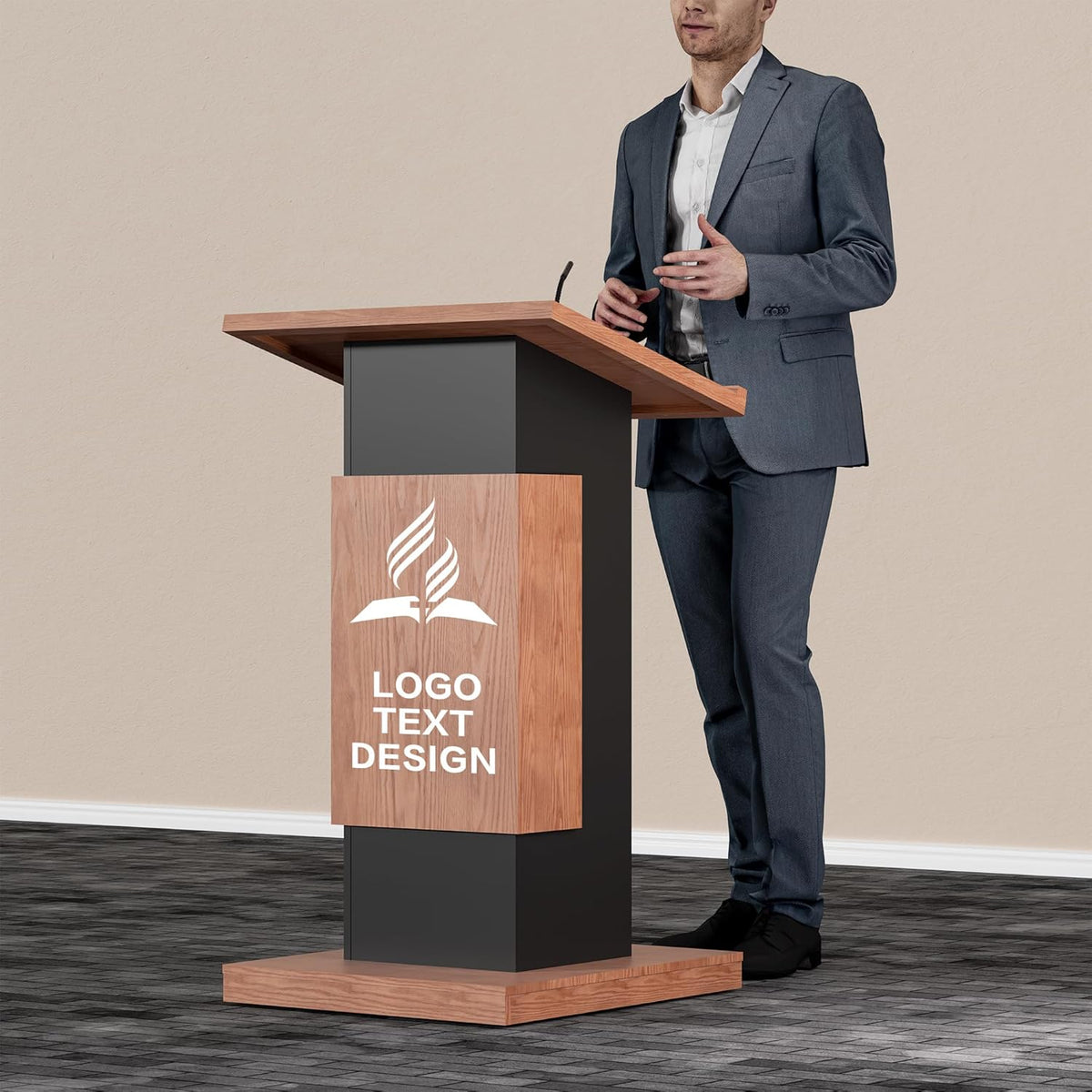 Customizable Logo & Text Podium Stand,Wood Lectern with Lockable Wheels,15MM Particle Board,Church Pulpit with Storage, Mic Stand Space,Wooden Podium for Seminars and Schools(Customized A)