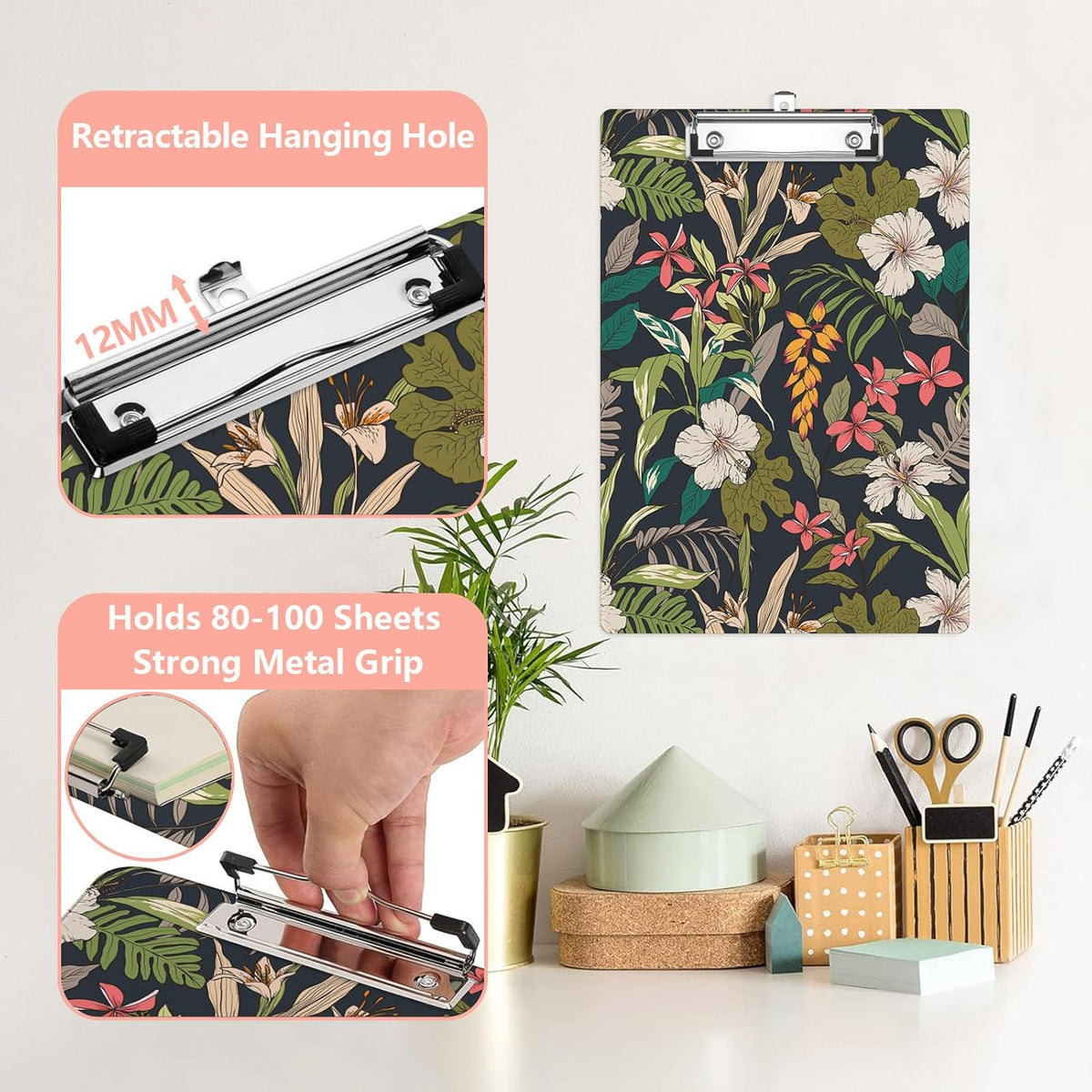 Tropical Flower Leaves Plastic Clipboards,Cute Fashion Clipboard Decorative 8.5" x 12.5"Standard A4 Size Clipboards,Acrylic Clipboard for Teacher,Social Worker,Students,Nurse,Office Supplies