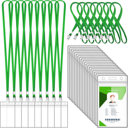 100 Sets Lanyards for Id Badges and Clear Plastic Vertical Name Badge ID Card Holders, Flat Neck Lanyards with Clip Waterproof Resealable Name Tag Badge ID Card Holders, Green