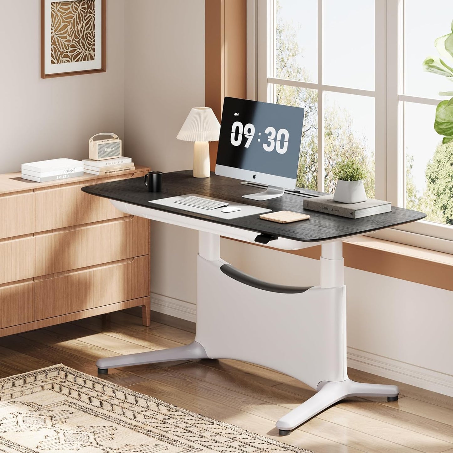 COLAMY Electric Standing Desk, Whole-Piece Gaming Desk with Dual Motors, Ergonomic Footrest, Drawers for Storage, Adjustable Height Sit-Stand Desk for Home Office (Veneer Desktop, Black Oak + White)
