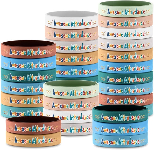 30 Pcs Awesome Attendance Wristbands for Students, Perfect Attendance Awards for Classroom Prizes, Unisex Stretch Silicone Motivational Wristbands for Student from Teacher Classroom Prizes