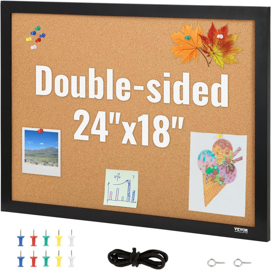 VEVOR Cork Board for Walls, Double-Sided Cork 24" x 18" Bulletin Board Vision Board, Push Pin Board with Framed for Office Home and School
