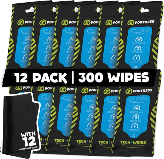 Fortress Electronic Wipes With Microfiber Cloth (25 ct, Pack of 12) To-Go Tech Wipes for Screens, Phones, Keyboards, TV Monitors, Computer Screens, and More [Travel Size] Skin-Safe