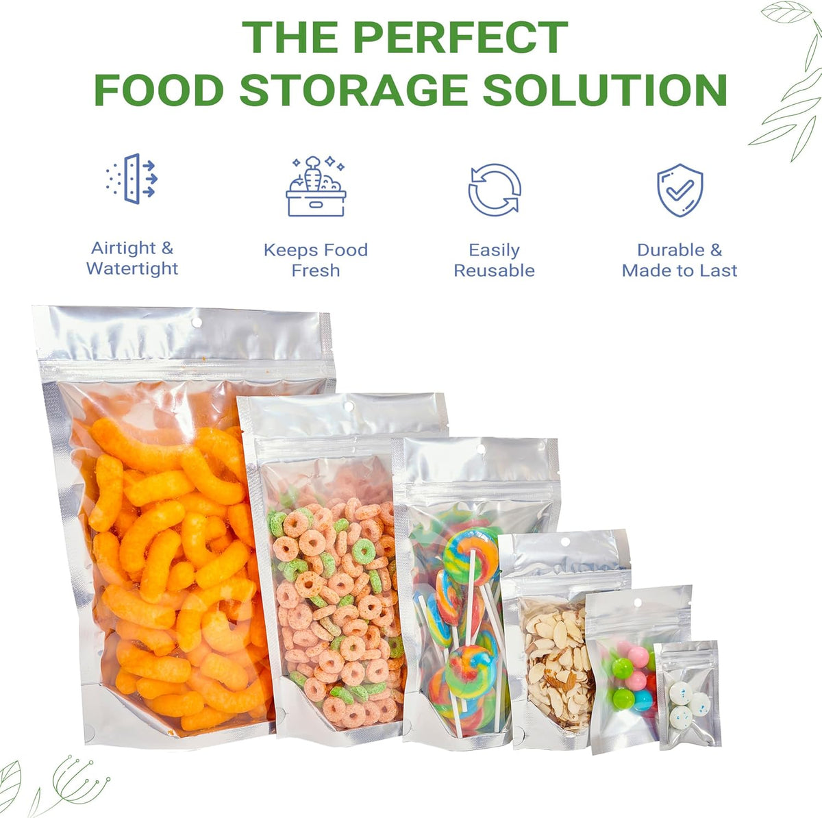 100 Pieces 5" x 8.5" Clear/Silver Resealable Stand Up Pouch Bags Mylar Food Packaging with Clear Window and Tear Notches