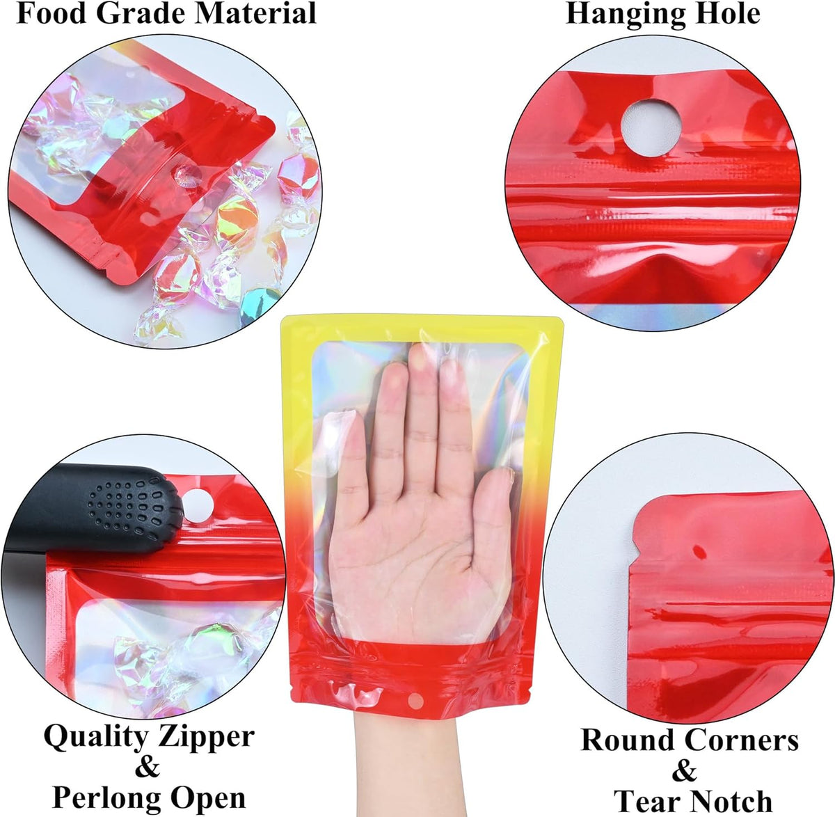 Resealable Mylar Pouch Bag Great for Office Home Party Favor Food Storage (100PCS, Red and Yellow Color, 6.3 x 9.5 inch)