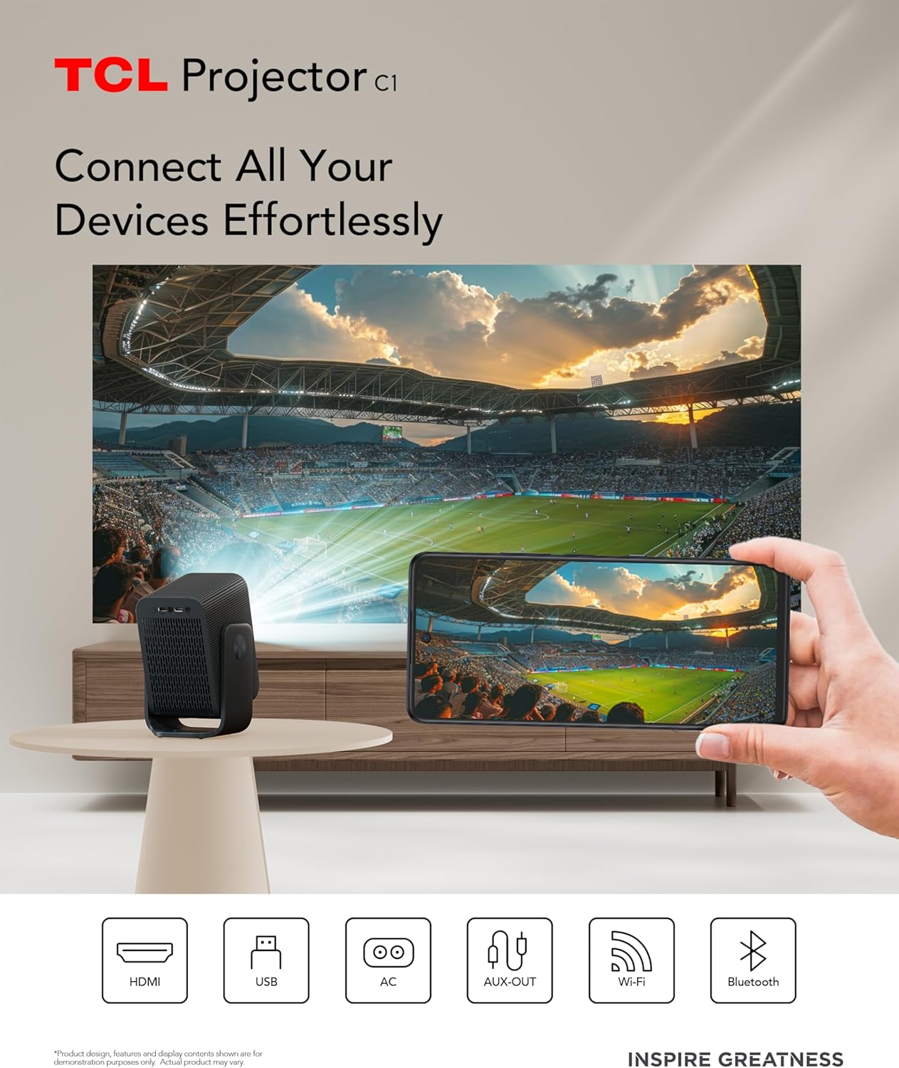 TCL C1 GTV Portable Projector, Native 1080P, Built-in Gimbal, Netflix Officially Licensed, WIFI and Bluetooth, 30,000-Hour Life, Auto Focus, 8W Dolby Digital Audio, 120'' Screen, Ceiling Projection