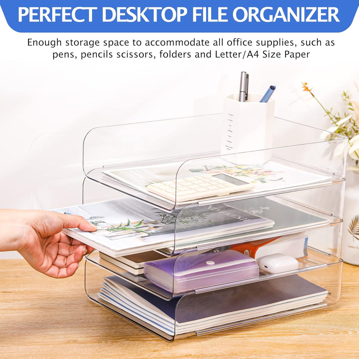 Set of 4 Office Organization and Storage, Clear PET Letter Tray Desk Organizer, Stackable Paper Tray Organizer for Desk Accessories, Notes, Pens, File Paper, Document