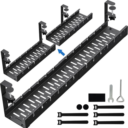 No Drilling Extendable Under Desk Cable Management, Metal Cable Management Tray Under Desk with Clamp, Retractable Power Strip Cord Holder for Wire Management 31Inch (1 Pack Black or white random 31')
