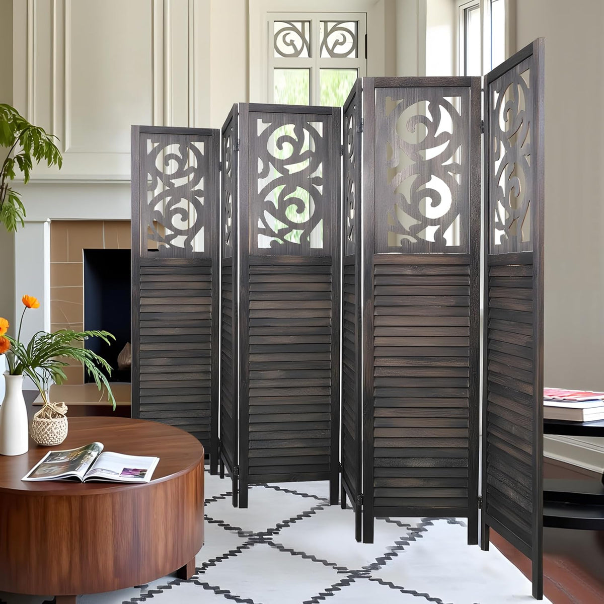 Room Divider, 5.6FT Folding Room Divider Panel, 6 Panel Craved Wood Partition Wall Divider for Room Separation, Rustic Brown