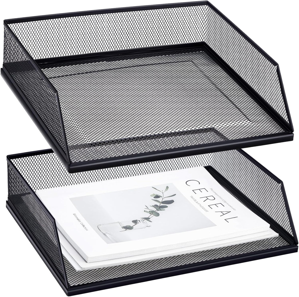 Hicarer 2 Pcs Black Metal Letter Tray Stackable Desk Tray Single Wire Mesh Organizer Front Load File Paper Holder for Desktop Office Home School Classroom (9.84 x 12.8 Inch)