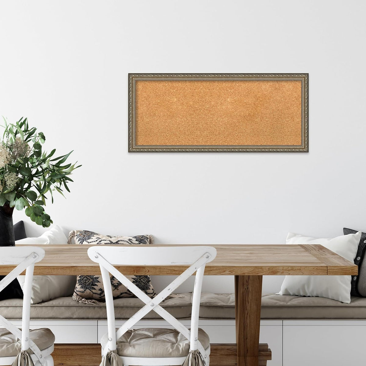 Amanti Art Natural Cork Board for Wall, 14x32 Vision Board with Silver Wood Frame, Medium Corkboard Office Decor for Home Organization, Traditional Corkboard Pinboard to display items for home