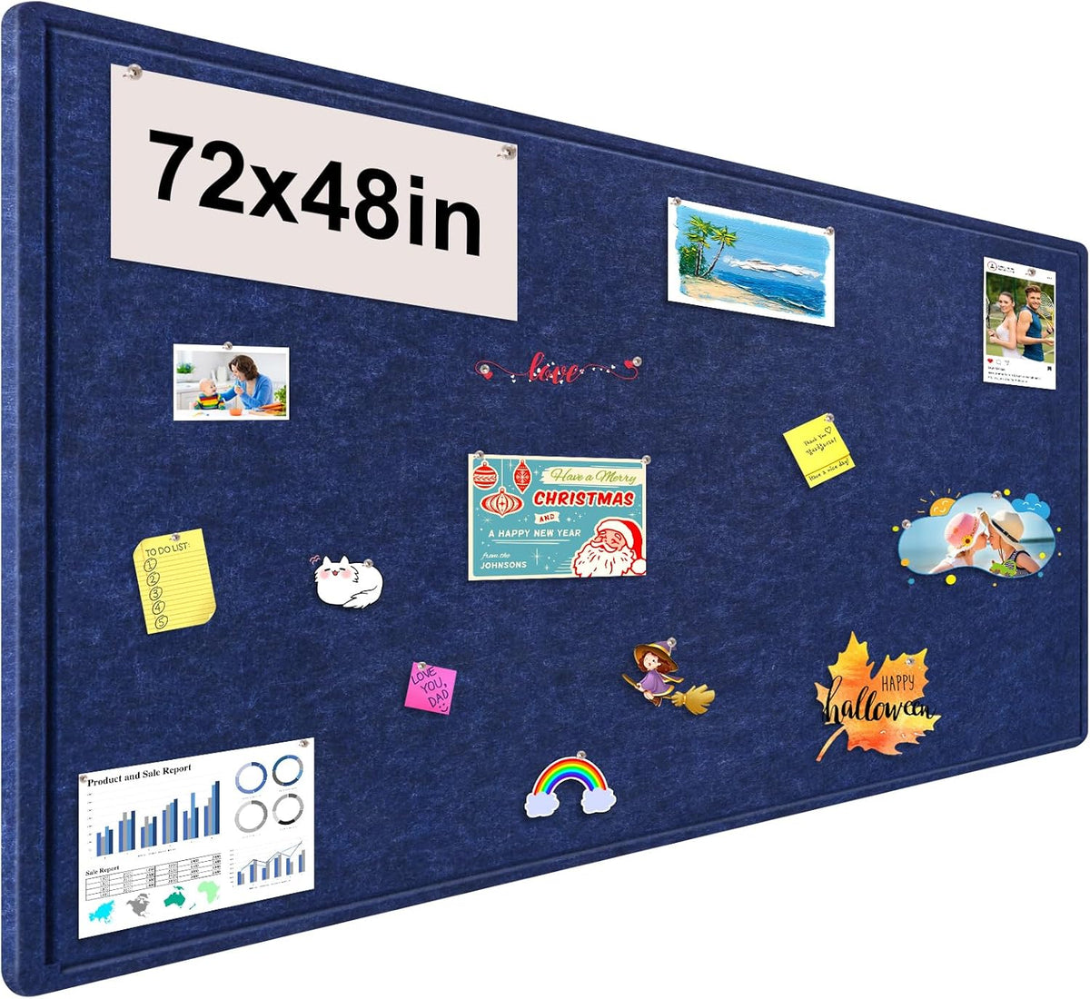 Large Bulletin Board, 72x48 Inches Cork Board Alternative, Large Felt Board Decorative Pin Board for Wall, Foldable Photo Board Self-Adhesive Vision Board with 36 Pushpins Dark Blue