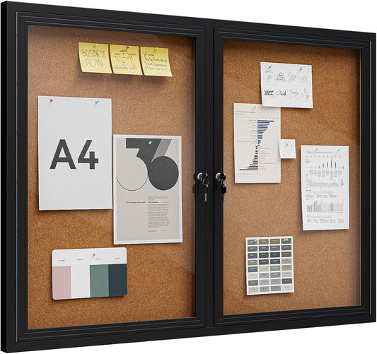 48"x36" Lockable Enclosed Bulletin Board, Outdoor Cork Weather-Resistant Aluminum Frame Notice Board, Wall Mounted Display Case Acrylic Doors for School,Office,Black Frame w/Cork