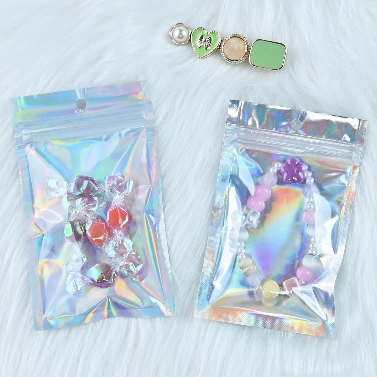 100 Pack Holographic Resealable Plastic Bags for Food Storage, Zipper Bags with Clear Front Window, Packaging Pouch for Small Business (100 Pack, 3.2x5.2 inch)