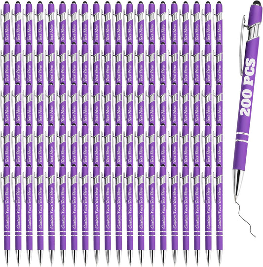 Personalized Pens Bulk 200 with Name Custom Engraving Ballpoint Pens with Stylus Tip Customized Smooth Writing Pens Personalized Gifts for Anniversary Birthday or Graduation(Purlpe,Black Ink)