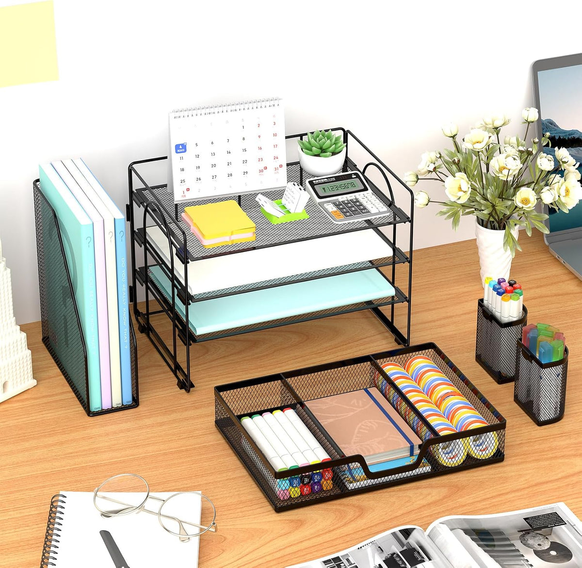 Marbrasse Desk Organizer and Accessories，4-Tier Paper Letter Tray Organizer with File Holder, Desk Accessories & Workspace Organizers with Drawer and 2 Pen Holder (Black, 15.4" x 9.1" x 8.3")