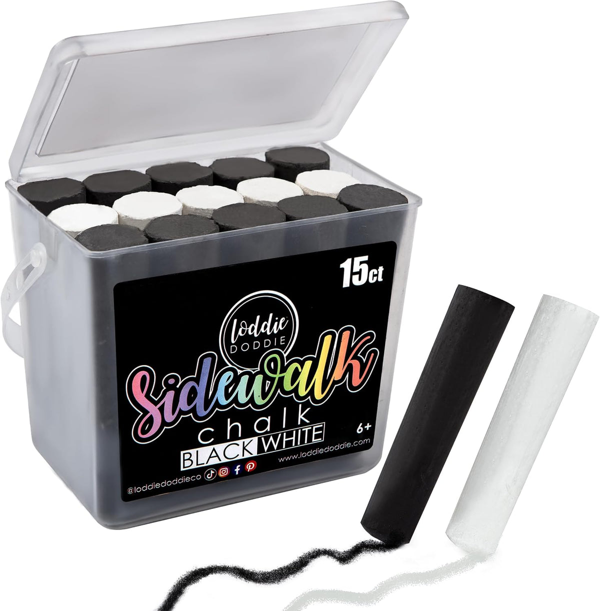 Loddie Doddie Sidewalk Chalk Jumbo Sticks - 15 Count Bucket, 10 Black & 5 White - Non-Toxic Low-Dust Sticks For Kids & Adults - Outdoor Chalk Bucket For Kids Activities