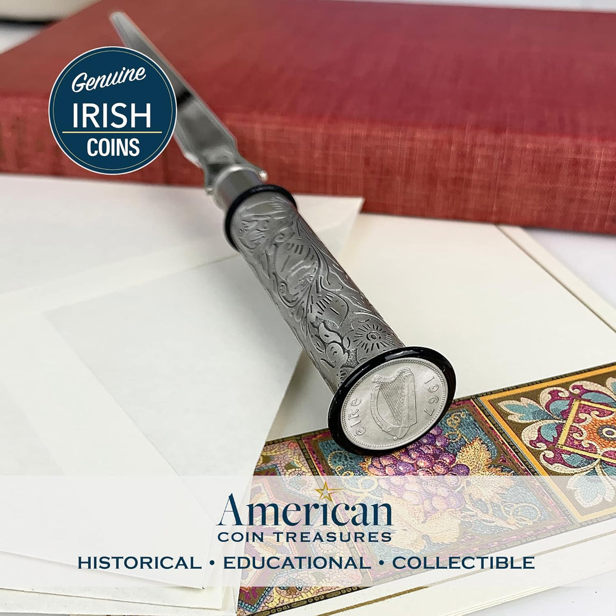 American Coin Treasures Coin Letter Opener Irish Threepence- Antiqued Silvertone Brass Handle-Genuine Harp Coin Ireland
