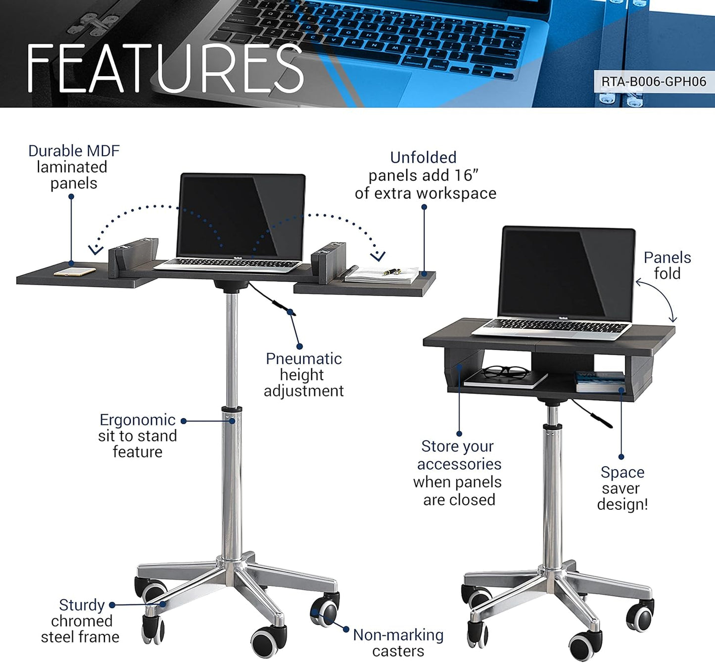 Techni Mobili Rolling Laptop Stand with Extendable Panels, Adjustable Height Customizable Ergonomic Mobile Workstation, Podium, Rolling Laptop Desk or Cart, Graphite