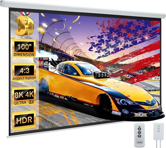 YODOLLA 100" Projector Screen Motorized 4:3, 4K HD Pull Down Retractable Projection Screens Electric Automatic Wall Ceiling Movie Screen for Office Classroom Indoor with Remotes…
