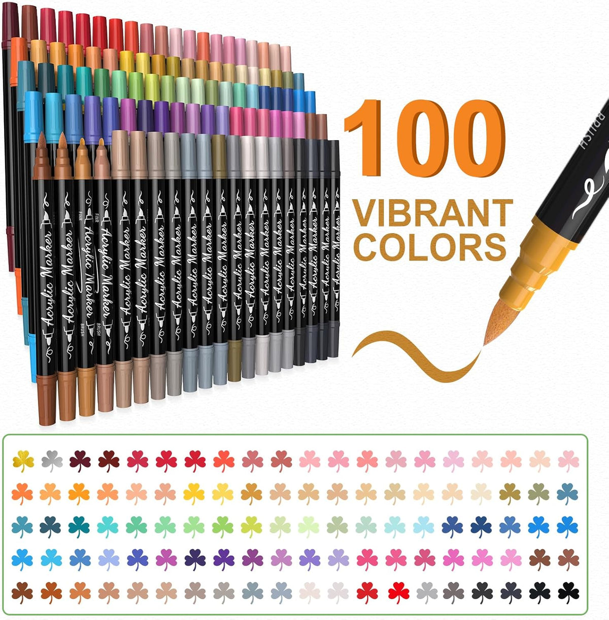 TOSAHRE Acrylic Paint Pens Markers 100 Colors Waterproof Dual Tip Acrylic Markers Set with Brush & Fine Tip Coloring Pens for Rock Painting Wood Scrapbook Fabric Glass Ceramic DIY Craft Art Supplies