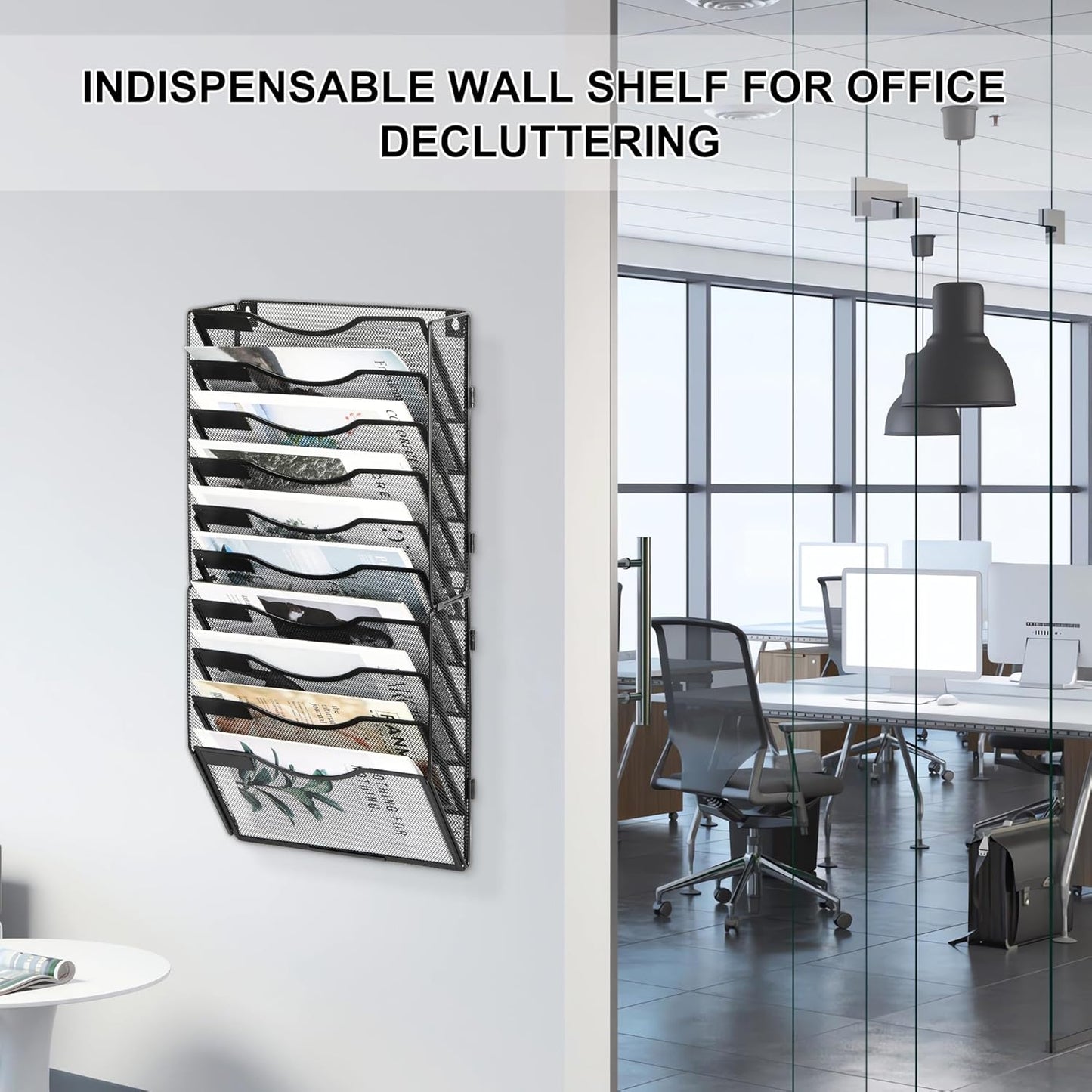 EasyPAG Wall File Holder Organizer 10 Pocket Mesh Hanging Wall Mounted Document Paper Folder Filing Magazine Rack with Nametag Label for Office Home School, Black