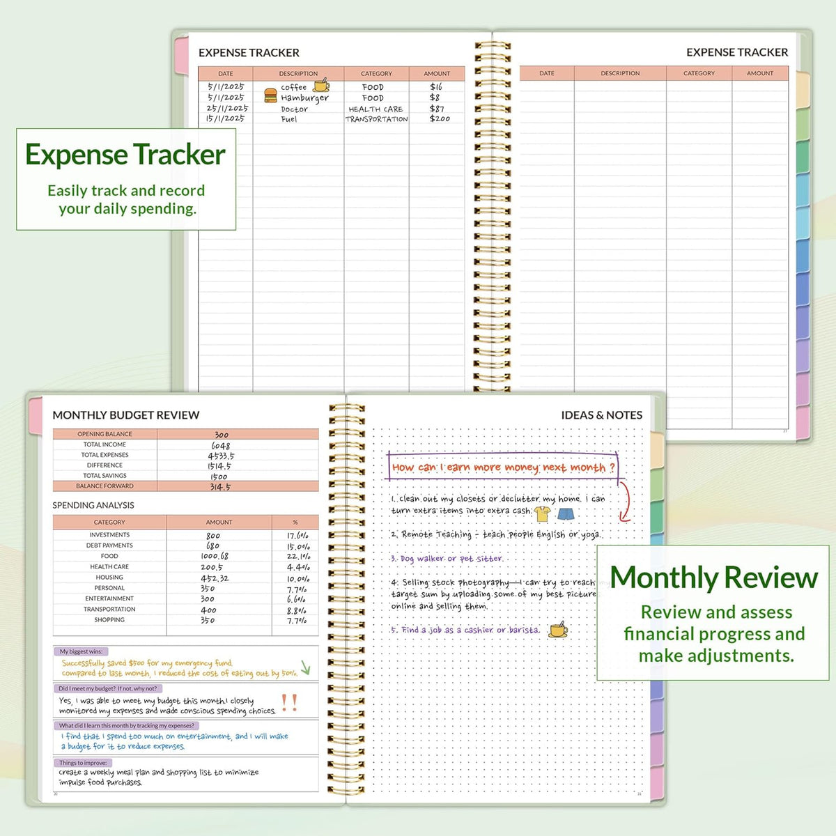 SUNEE Budget Planner - Monthly Budget Book with Expense Tracker Notebook, A4(8.5" x 11") Undated 12 Month Bill Organizer & Finance Planner to Manage Your Money, Account Book with Colorful Tab, Green