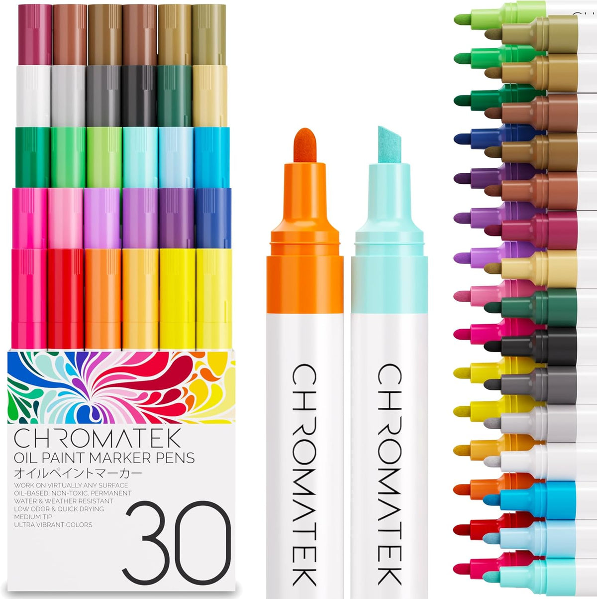 CHROMATEK Dual Tip Oil Based Paint Markers - 30 Colors Permanent Paint Pens for Rock Painting, Canvas, Glass, Wood, Stone & DIY Art Supplies - Quick Drying Waterproof Pen with Video Tutorials & Ebook
