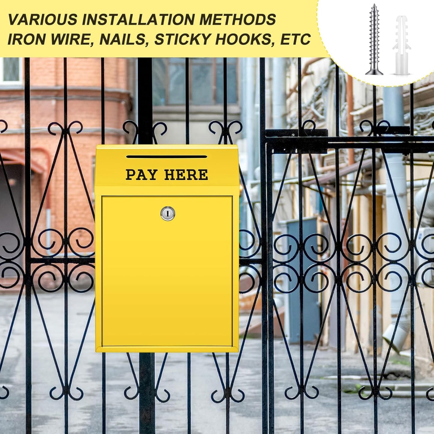 Safe Cash Box Money Collection Metal Donation Box with Lock Wall Mount Pre Drilled Mailbox Delivery Ballot for Home Office Outdoor Self Serve Stand(Yellow,11.8 x 8.6 x 4.7 Inch)