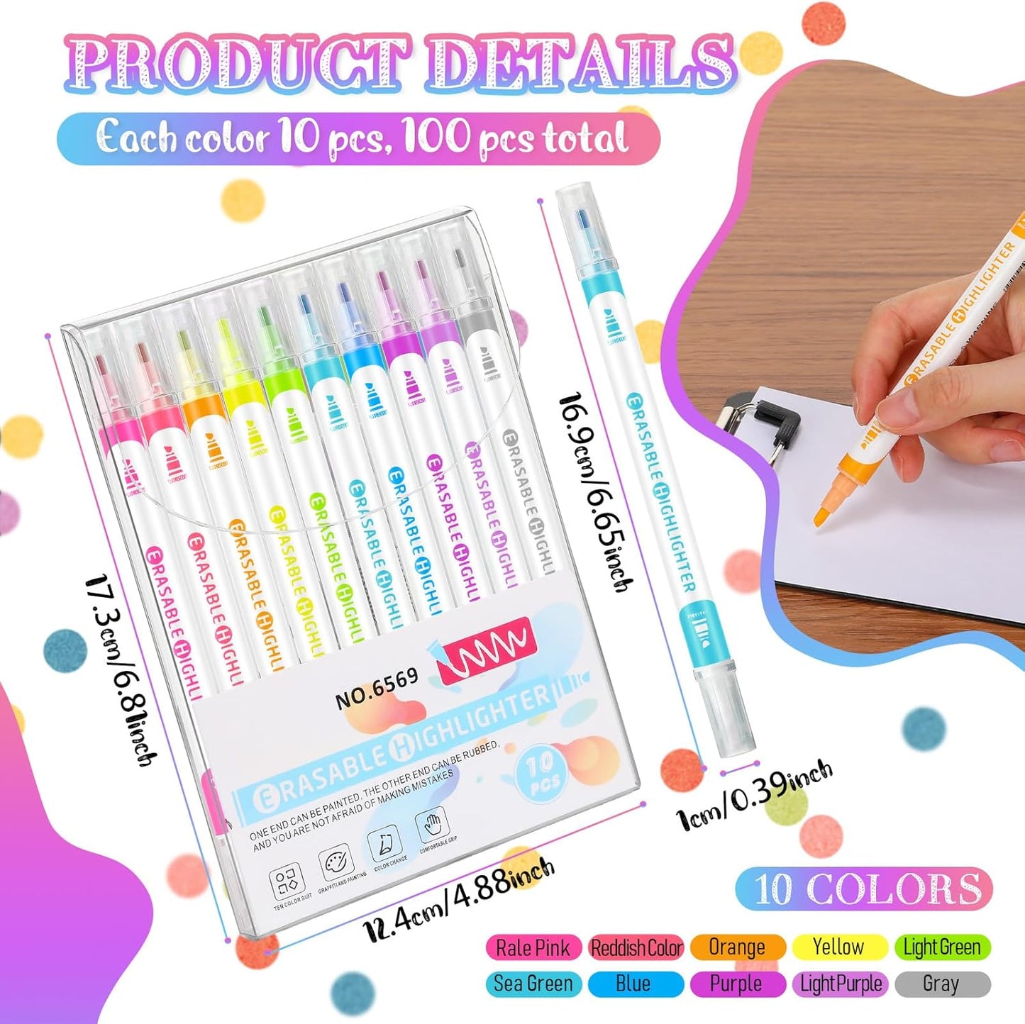 Zhehao 100 Pcs Erasable Highlighters, Smooth Writing Double Head Highlighter for School Office Back to School Supplies Occ Shoebox Gifts