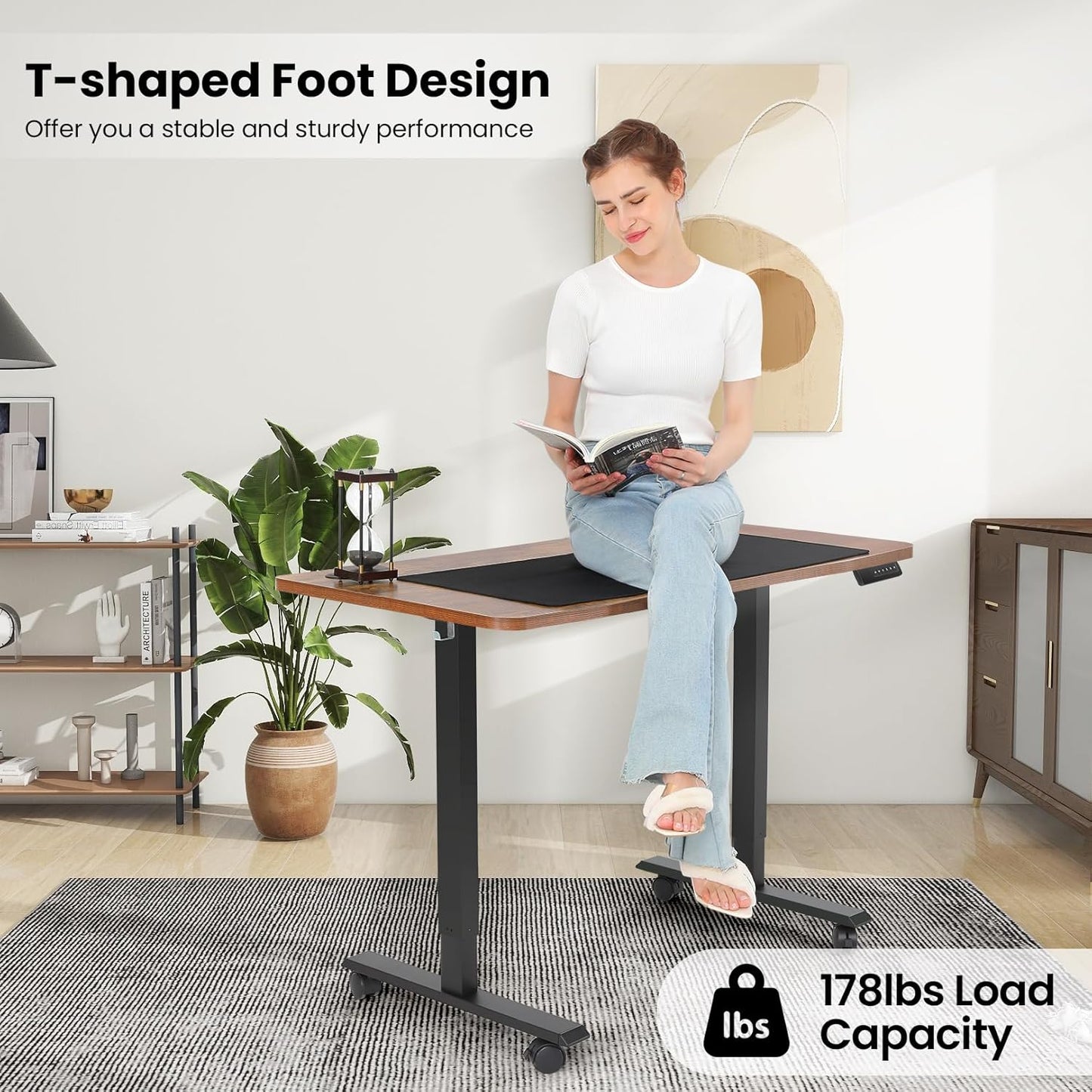 Electric Standing Desk 48 x 24 Inches Adjustable Height Ergonomic Sit Stand Up Curved Desk for Home Office Computer Workstation with 2 USB Ports 3 Power Outlets Memory Preset Wheels, Brown