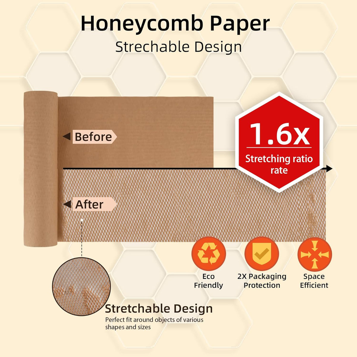 Honeycomb Packing Paper 15"x230' Roll with Fragile & Labeling Stickers, Gloves - Bubble Wrap for Moving,Products & Gifts Wrapping Paper, Recyclable & Biodegradable Cushioning Packing Material.