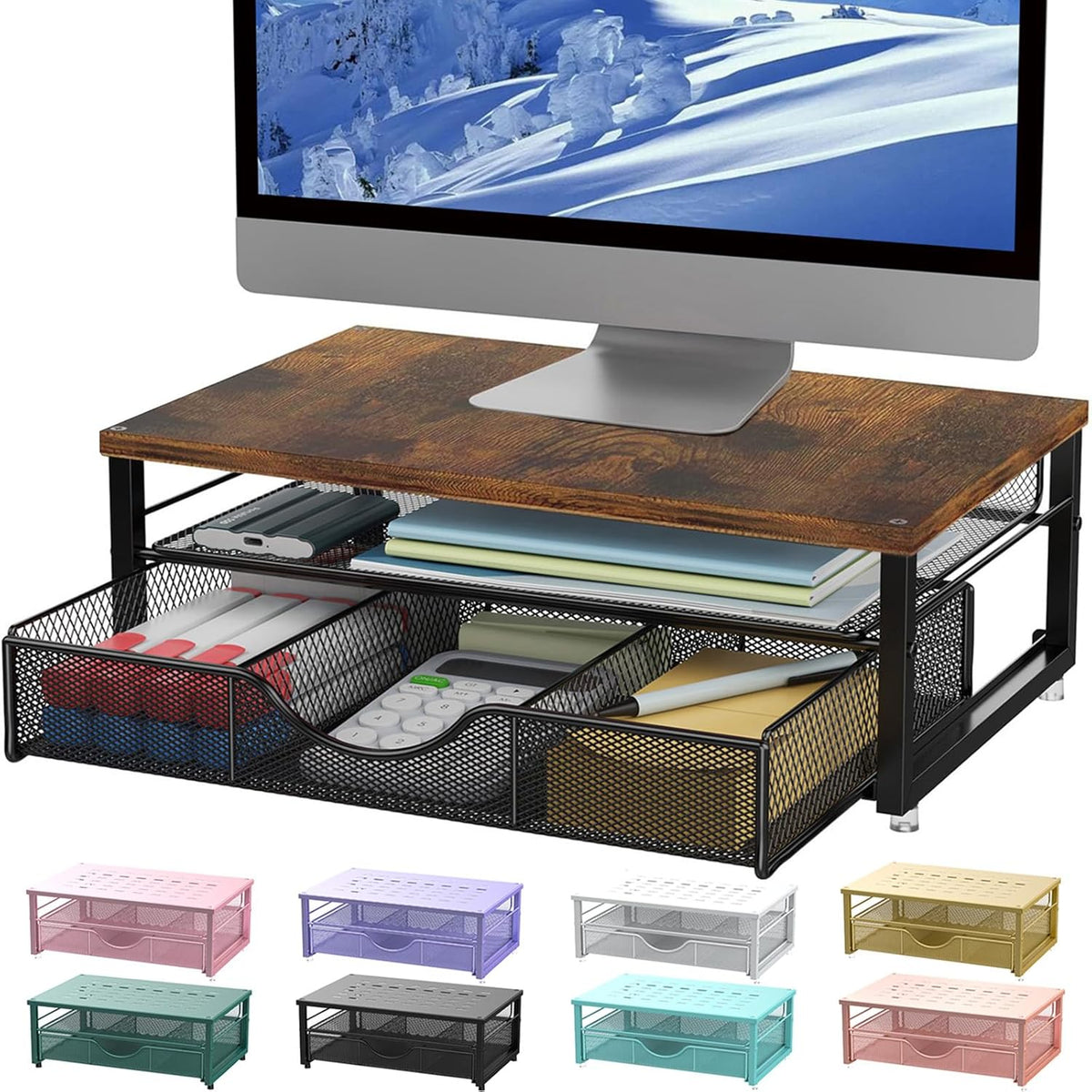gianotter Computer Monitor Stand Riser, office organizer with Drawer, Office Organizers Storage for Classroom Office Supplies (Wood)