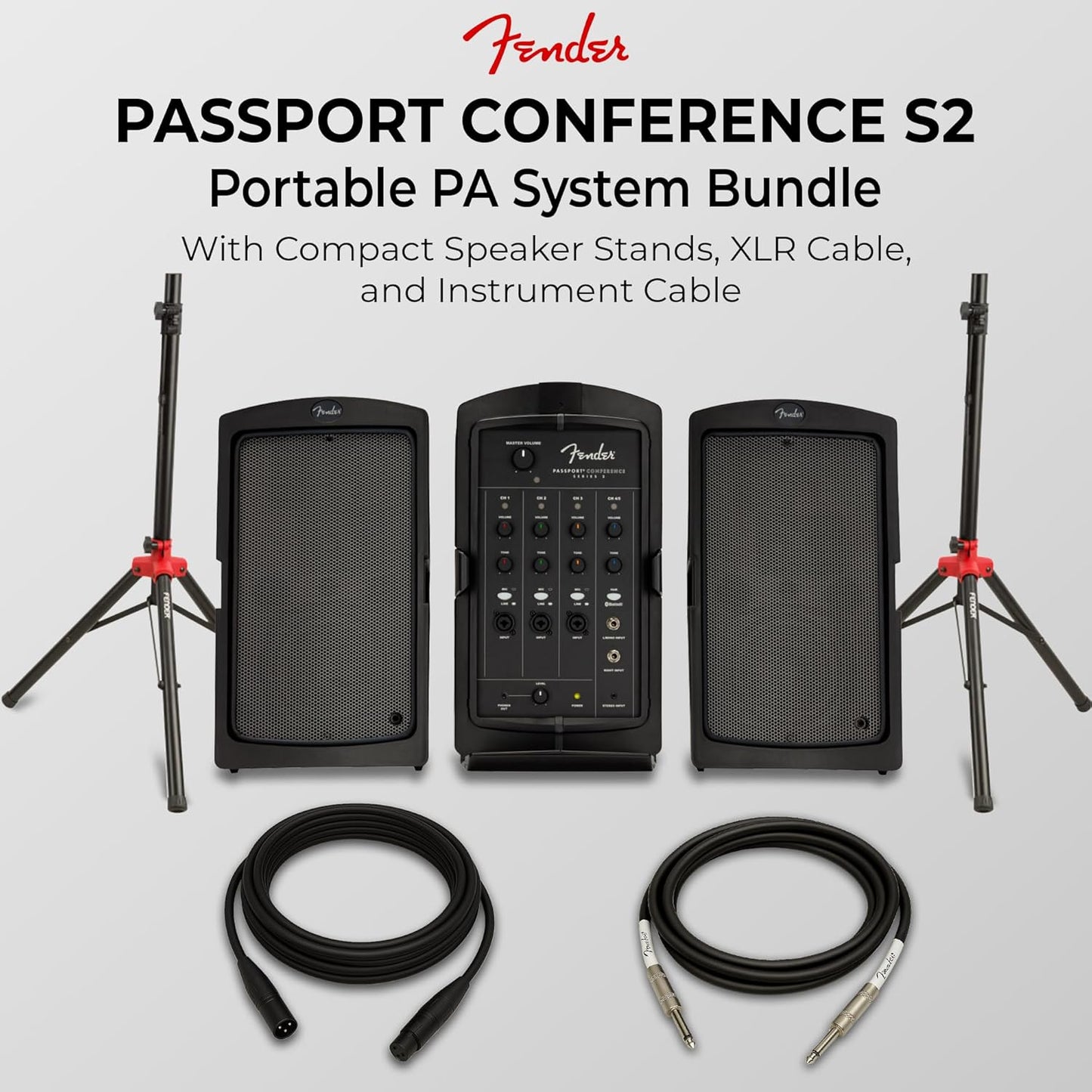 Fender Passport Conference S2 Portable PA System Bundle with Compact Speaker Stands, XLR Cable, and Instrument Cable