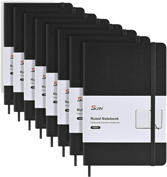SUIN A5 Hardcover Notebook, 5.5" x 8.3", 100gsm, 160 Pages, Journal for Writing, Notebooks for work - No-Bleed Paper, Inner Pocket, Elastic Closure & Ribbon Bookmark, Black-8Pack