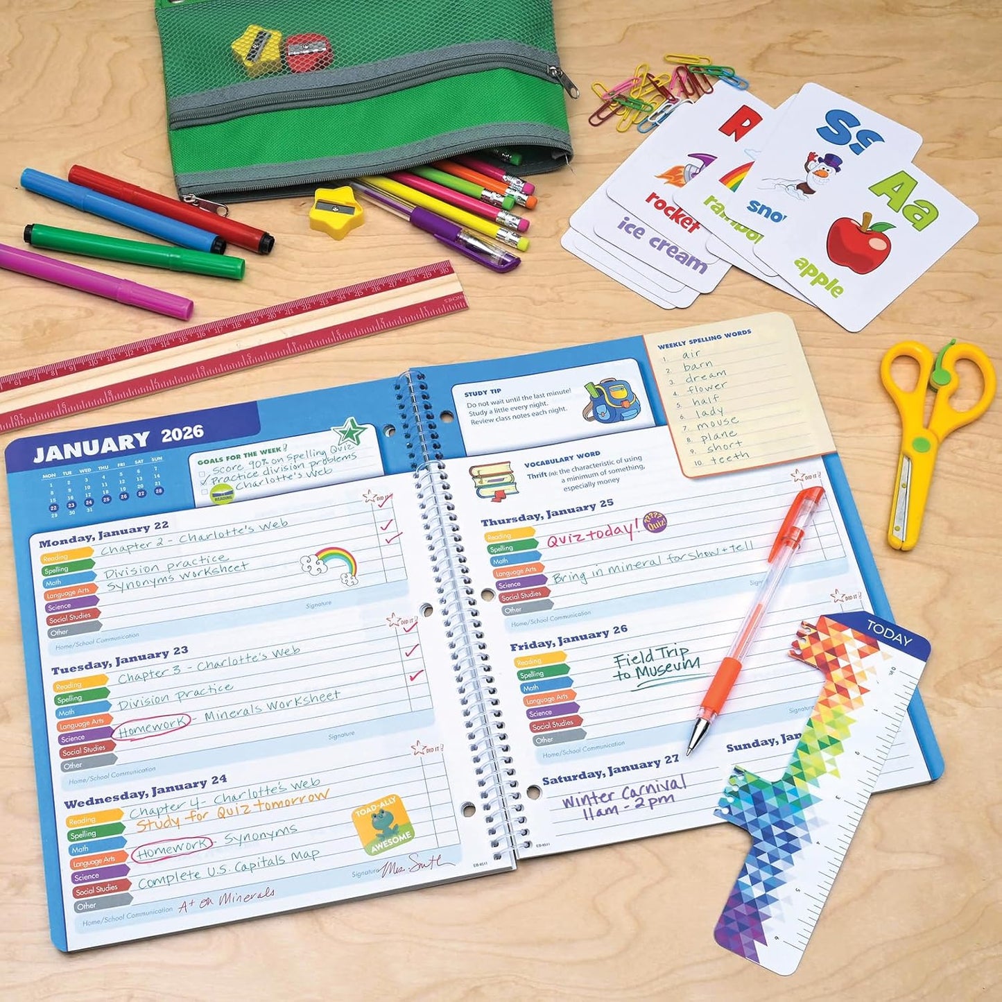 Global Datebooks 2025-2026 Elementary Student Planner 8.5x11 - Dated Weekly & Monthly Academic Planner (Large) with Ruler/Bookmark & Stickers, Ideal for Homework, Block Style, School Supplies