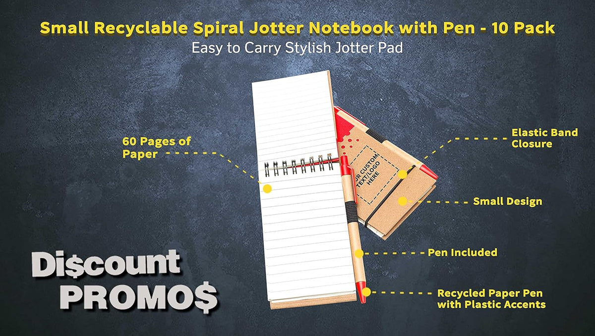 DISCOUNT PROMOS 10 Recyclable Spiral Small Notebooks Pack - Customizable Text, Logo - 60 Lined Pages - Red