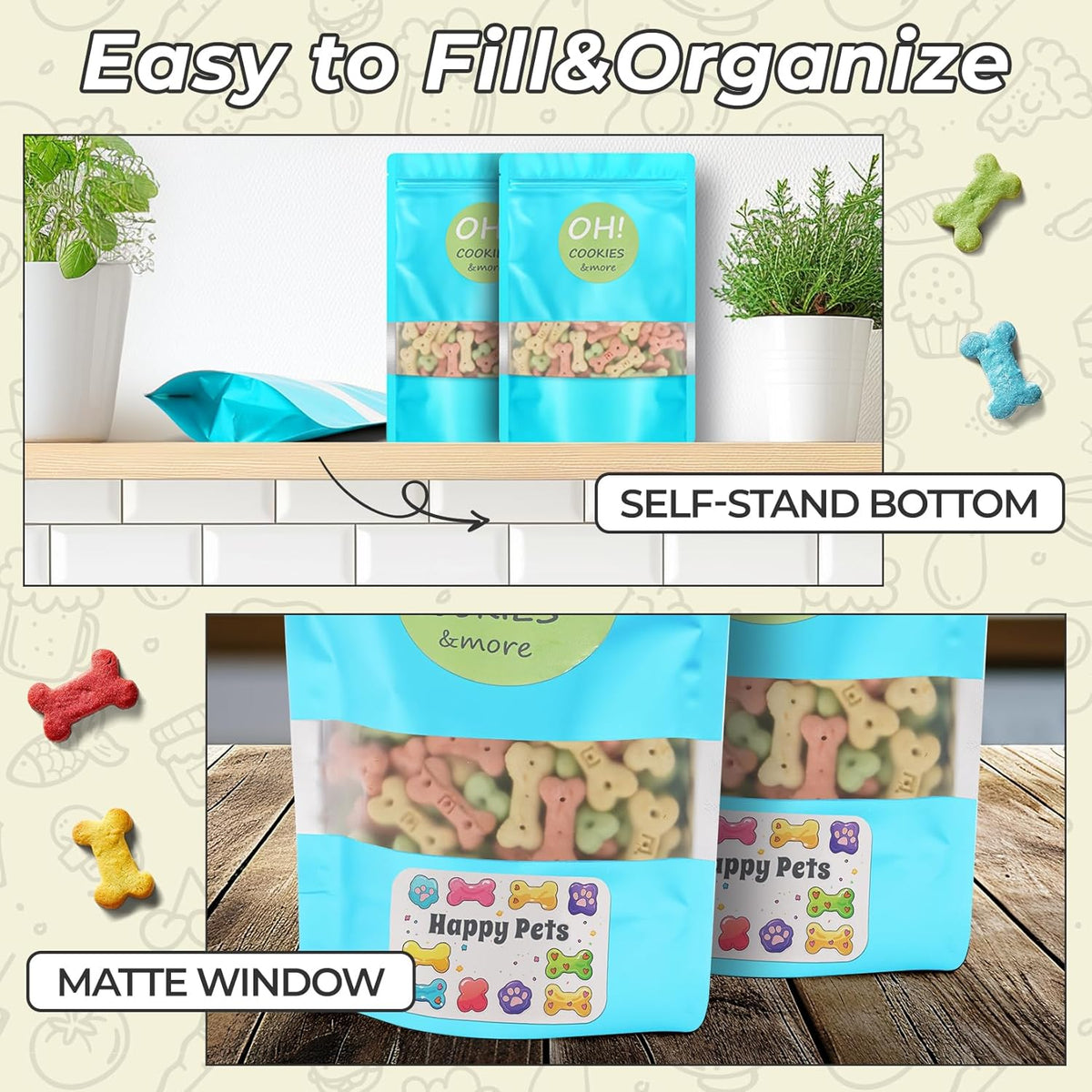 Funfery 100 Pcs Smell Proof Sealable Packaging Bags,Mylar Clear Bags for Food Storage,Stand Up Pouches with Window,ReSealable Bag for Small Business,Cookies,Candy(Blue,4.7x7.9in)