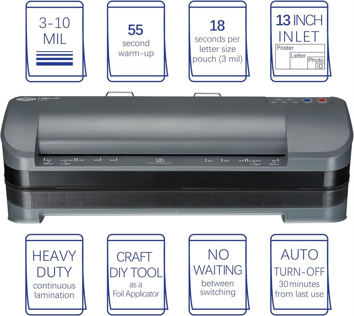 SINCHI 13-Inch Thermal Laminator & Foil Applicator, 3–10 Mil, 4-Roller, 55s Warm-Up, 18 seconds/page, Auto Shutoff, Commercial-Grade Laminating Machine with 10 Pouches for Office, School, Crafts & DIY